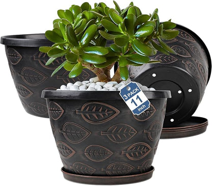 Nooulap 3 Pack Flower Pots Outdoor 11 Inch Plant Pots Indoor, Large-Plastic-Plant-Flower-Planters-Pots with Drainage Hole & Tray, Modern Decorative Garden Pot with Saucer(Brown)