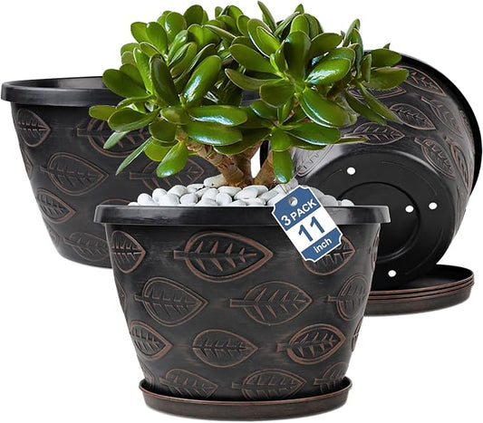 Nooulap 3 Pack Flower Pots Outdoor 11 Inch Plant Pots Indoor, Large-Plastic-Plant-Flower-Planters-Pots with Drainage Hole & Tray, Modern Decorative Garden Pot with Saucer(Brown)
