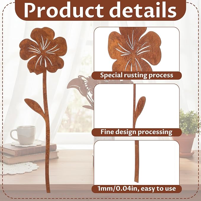 10 Pcs Rusty Metal Flowers and Plants, Rusty Rustic Metal Flowers Signs for Outside Yard Art Gift for Yard Decorative Garden Stakes Potted Plants Walkway and Garden