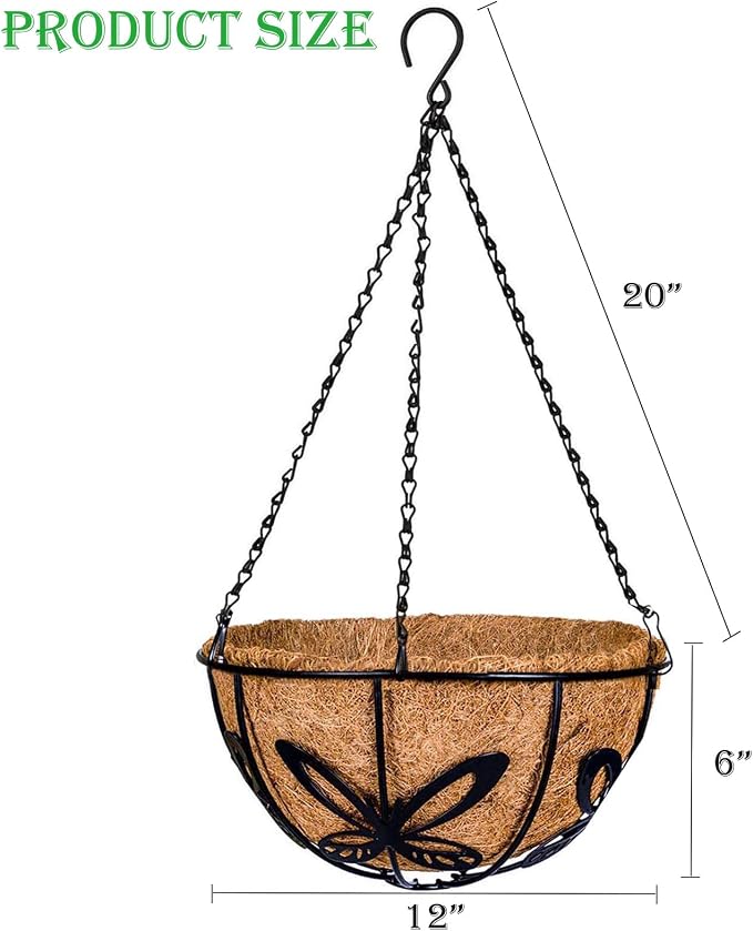 Kingbuy Metal Hanging Basket for Plant Planter with Coconut Fiber Liner Chain Wire Holder 12 Inch Flower Pot Indoor Outdoor Patio Lawn Garden Decor, Butterfly Pattern, 2 Pack