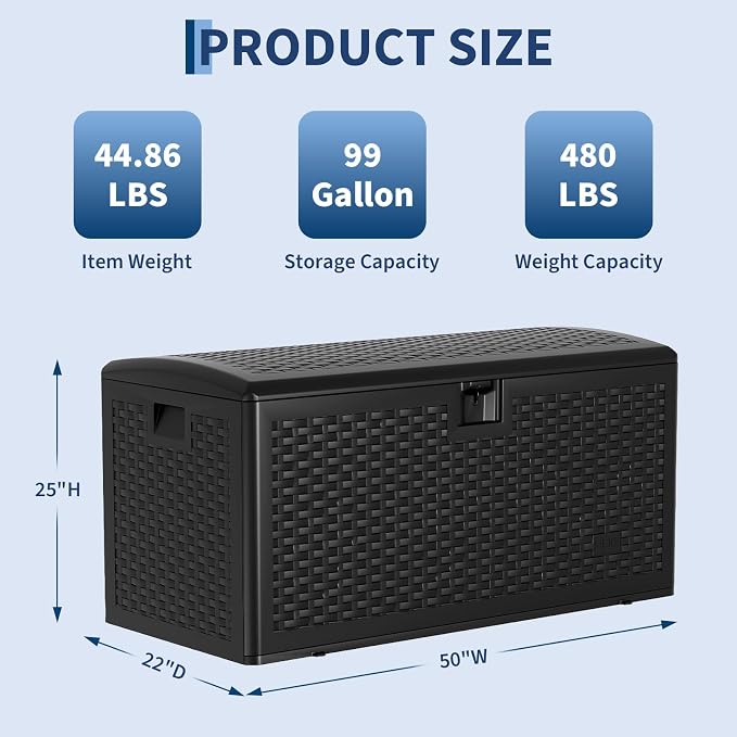 99 Gallon Waterproof Large Resin Deck Box Indoor Outdoor, Lockable Storage Container for Patio Furniture Cushions, Throw Pillows, Garden Tools, and Pool Floats, Brown