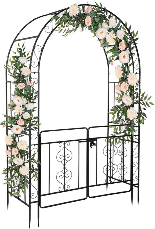 Outvita 7FT Black Metal Garden Arch Arbor with Gate | Heavy duty trellis archway with ground stakes, for climbing roses, patio, wedding & party decor