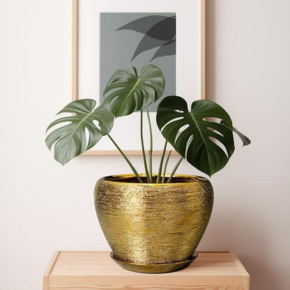 Ceramicfor Ceramic Planter 10 Inch - Indoor Plant Pot with Drainage Hole and Saucer Large Decorative Planter Mid-Century Modern Flower Pot Outdoor for Home Decor Gold