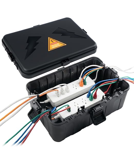 Bates- Large Outdoor Electrical Box, 12.5" x 8.5" x 5" Black | Waterproof Extension Cord Cover Weatherproof Protects Outlet Plug Socket Timer Power Strip Holiday Light Decoration