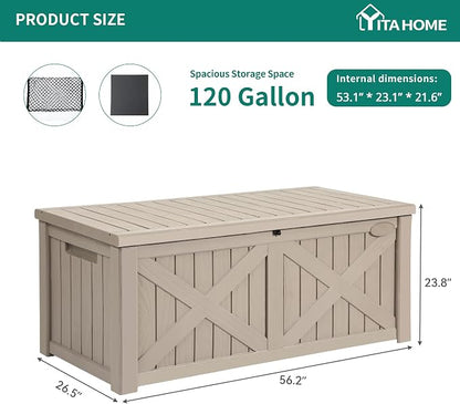 YITAHOME 150 Gallon Large Outdoor Storage Box with X-Shaped Front | Waterproof Resin Deck Box Cushion Storage Bench for Patio, Pool Supplies, Garden Tools- Lockable, Taupe