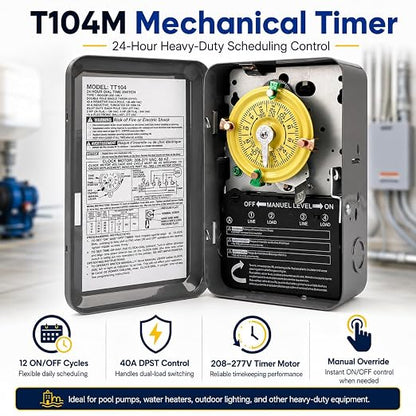 T104M Pool Timer Mechanism Only, 24-Hour Mechanical Timer Switch for Pump | 208-277V 40A 24 Hour 12 ON/Off Pool pump timer and mechanical pool timer for pumps and heaters
