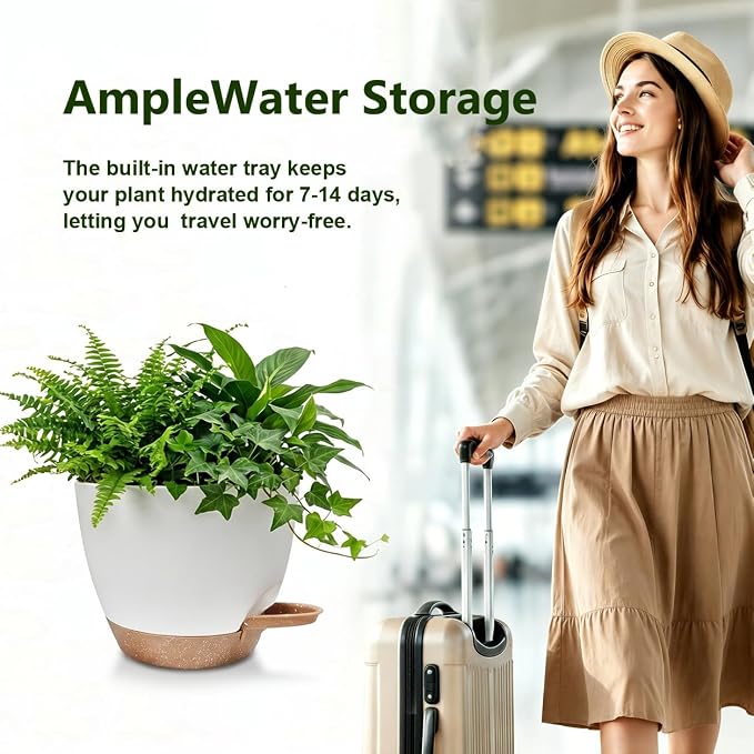Plant Pots for Indoor 9/8/7/6.5/6/5 Inch, Self Watering Planter Pots with Drainage Holes and Saucers, 6Pcs Plastic Flower Pots for Indoor & Outdoor Plants（White）