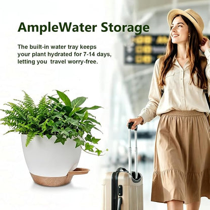 Plant Pots for Indoor 9/8/7/6.5/6/5 Inch, Self Watering Planter Pots with Drainage Holes and Saucers, 6Pcs Plastic Flower Pots for Indoor & Outdoor Plants（White）
