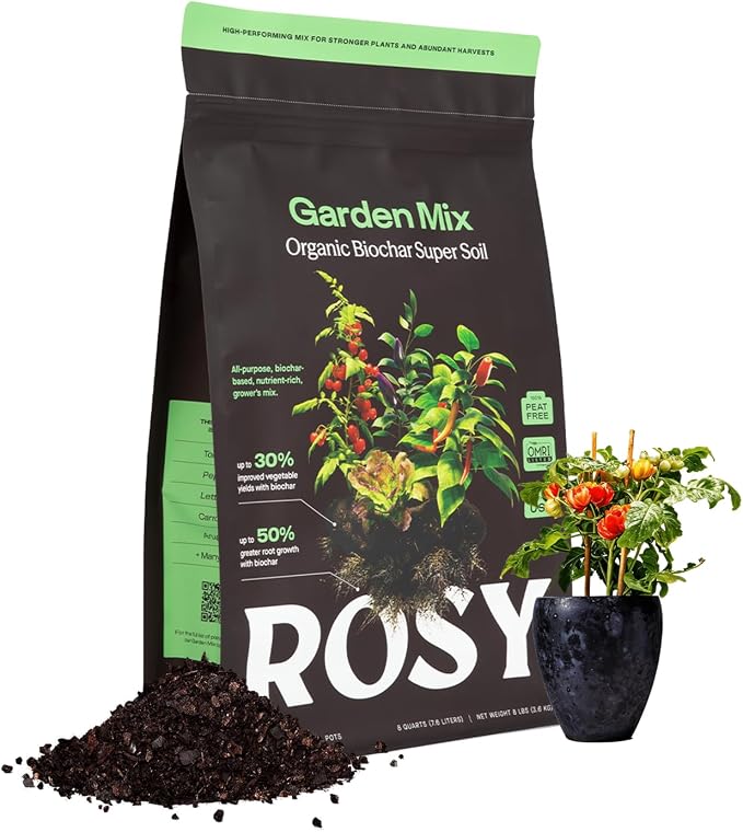 Rosy Garden Mix Biochar Potting Soil for Outdoor Plants, 8 Quart | Organic Garden Soil with Worm Castings for Vegetables, Herbs, and Flowers, Peat-free Outdoor Potting Mix, Made in USA