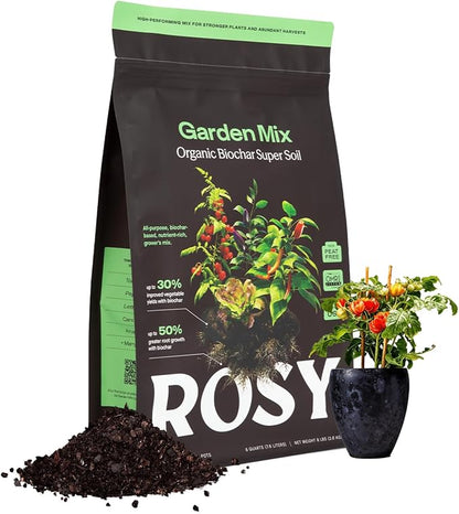 Rosy Garden Mix Biochar Potting Soil for Outdoor Plants, 8 Quart | Organic Garden Soil with Worm Castings for Vegetables, Herbs, and Flowers, Peat-free Outdoor Potting Mix, Made in USA