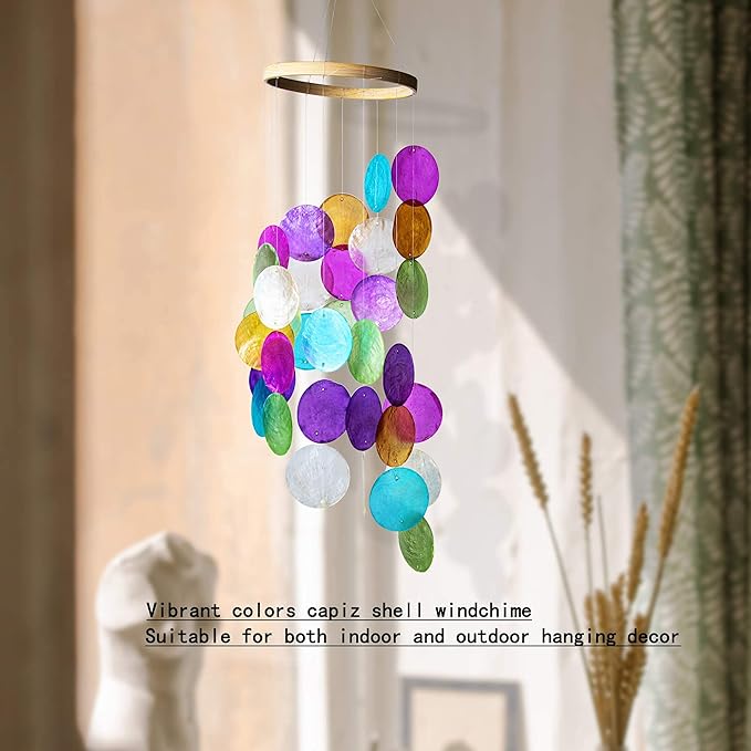 YU FENG 19.6 Inch Capiz Seashell Wind Chimes, Coastal Garden Decor | Hand Painted Metal Mobile, Rainbow Shell Design, Outdoor Hanging Ornament, Patio Yard Home Window Decoration