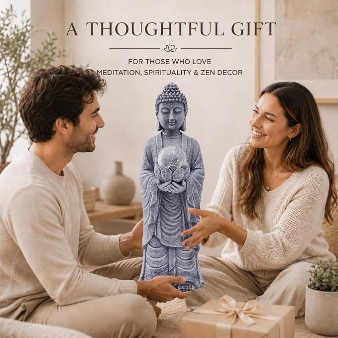 Goodeco Buddha Statue with Solar Lotus – 18.2 Inch Tall Large Garden Buddha Statue for Outside, Outdoor Zen Garden Statues