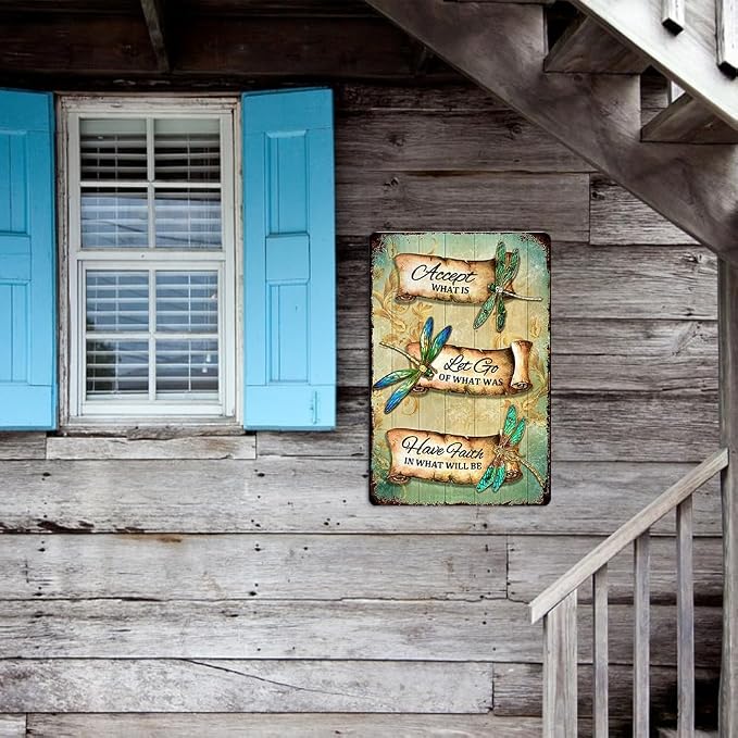Dragonfly Tin Sign Retro Accept What Is Metal Signs Vintage Dragonfly Wall Art Outdoor Garden Decor Dragonfly Gifts For Women Bathroom Sign Home Decoration Let Go Of What Was Have Faith In What Will