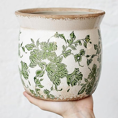 Xiaan Jiaju Vintage Farmhouse Ceramic Planter & Kitchen Utensil Holder - 6.21 Inch Tuscan Rustic Plant Pot with Drainage for Indoor/Outdoor Use, Garden & Home Decor, Unique Gift (Green Leaf)