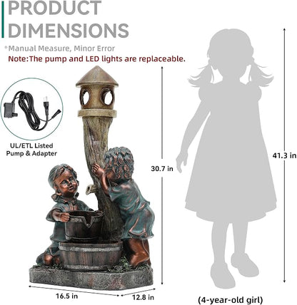 31" Boy and Girl Outdoor Fountain LED 3-Tier Waterfall, Faux Bronze | hand-painted antique bronze, Wood barrel and Pagoda design, patio garden,Yard and Porch