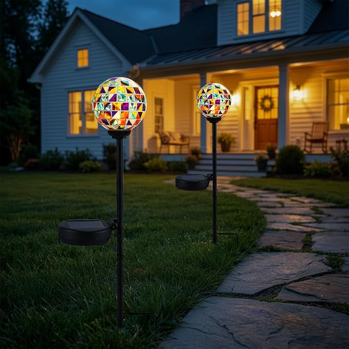 VCUTEKA Solar Lights Outdoor Decorative - Waterproof Mosaic Solar Garden Light, LED Pathway Stake for Landscape Lawn Patio Yard, Solar Globe Lights Outdoor, 1 Pack Multi