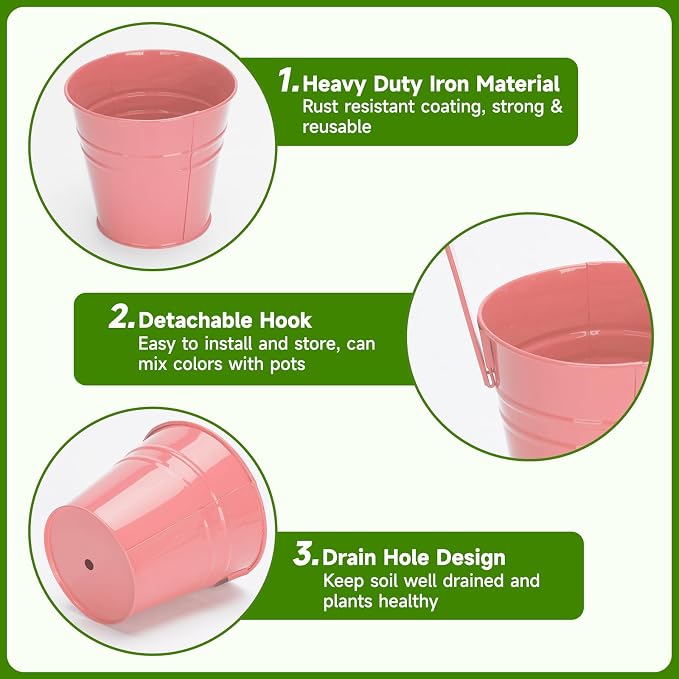 KINGLAKE Flower Pots,10 Pcs Metal Iron Hanging Flower Plant Pot Balcony Garden Plant Planter Baskets Fence Bucket Pots 6.3'' Flower Holders with Detachable Hook