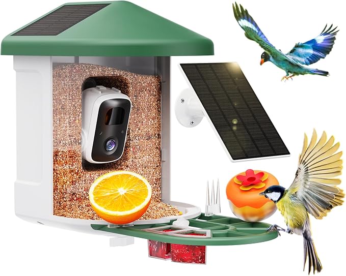 HARYMOR Smart Bird Feeder with Camera - AI Identify Birds Species, Solar Powered Bird House with Cam, 2L Large Capacity, 2K HD Video Live Stream, Instant Arrival Alerts - Green