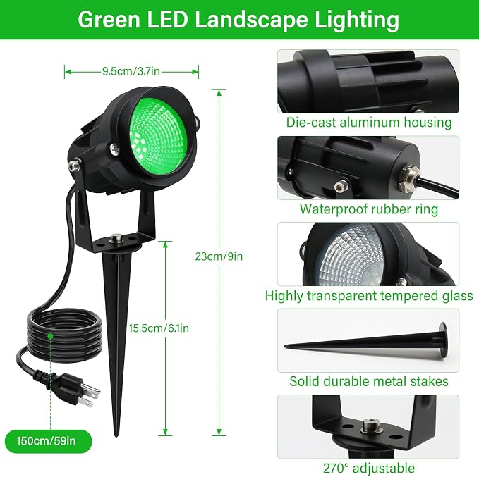 Green Outdoor LED Spot Lights for Yard & Garden – 12W Landscape Lighting, Christmas & Holiday Decor, Adjustable Beam,4Pack