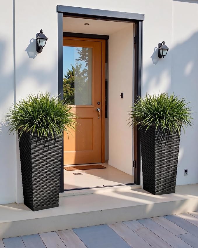 Greesum 30 Inch Tall Plastic Planters with Rattan Texture – Set of 2, Detachable Inner Pot & Drainage Holes, Indoor/Outdoor Decorative Flower Pots for Large Plants, Trees, Patio, and Garden, Black