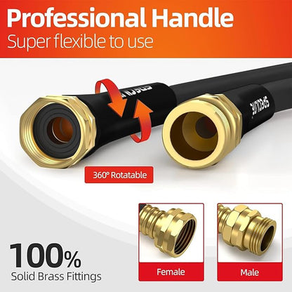 SPECILITE Garden Water Hose 200 ft x 5/8 in Heavy Duty, Flexible and Lightweight, Burst 600 psi, Kink-less Hybrid Rubber Pipe for Backyard, 3/4'' Brass Fittings, Black