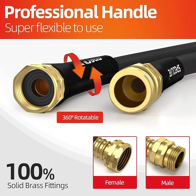 SPECILITE Garden Water Hose 50 ft x 5/8 in Heavy Duty, Flexible and Lightweight, Burst 600 psi, Kink-less Hybrid Rubber Pipe for Backyard, 3/4'' Brass Fittings, Black