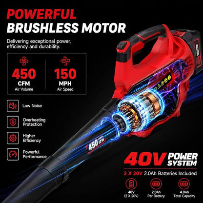 PowerSmart 40V Leaf Blower Cordless, 650CFM 150MPH Performance with 2 x 2.0Ah Batteries & Chargers Included,Powerful Blowers for Lawn Care, Patio, Dust, Blowing Leaves and Dust