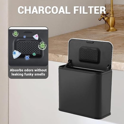 1.3 Gallon/5L Slim Stainless Steel Trash Can with Lid, Odor Control Charcoal Filter, Removable Bucket, Hanging/Wall Mounted/Standing Waste Bin for Kitchen, Bathroom, Bedroom, Office - Black
