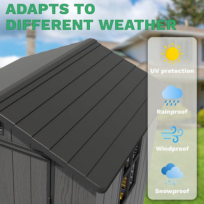 Greesum 4x4FT Plastic Storage Shed with Floor, Resin Outdoor Storaged Sheds with Lockable Door, All Weather Durable Tool Shed with Window and Vent, for Garden, Patio, Yard, Dark Gray