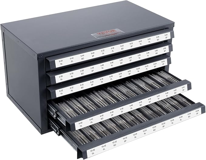 VEVOR Five-Drawer 2-56-#12-28 Steel Dispenser Organizer Labels, 60-Compartment Stackable Cabinet for Tap Storage, Gray with Orange Texture