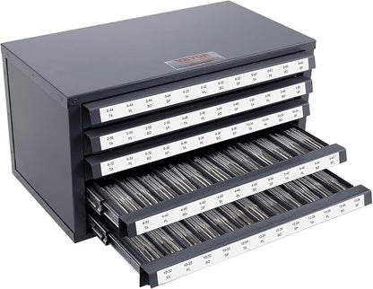 VEVOR Five-Drawer 2-56-#12-28 Steel Dispenser Organizer Labels, 60-Compartment Stackable Cabinet for Tap Storage, Gray with Orange Texture