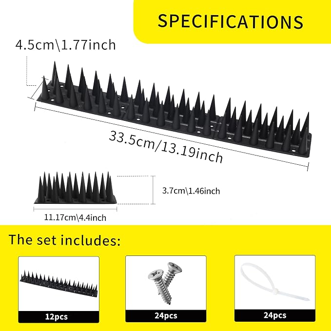 Bird Spikes, 13.2FT Outdoor Bird Deterrent Spikes Device for Birds Pigeon Woodpecker Squirrel Raccoon Cat, Plastic Bird Deterrent for Outside, Patio, Roof, Sill, Fascia (Black, 12Pcs)