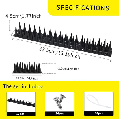 Bird Spikes, 13.2FT Outdoor Bird Deterrent Spikes Device for Birds Pigeon Woodpecker Squirrel Raccoon Cat, Plastic Bird Deterrent for Outside, Patio, Roof, Sill, Fascia (Black, 12Pcs)