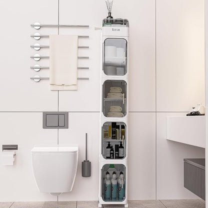 BINSIO 5-Tier Tall Narrow Storage Cabinet, Slim Rolling Storage Cabinet with Clear Doors, Adjustable Shelves, Foldable Organizer for Laundry Room, Kitchen Pantry, Utility Room and Small Spaces