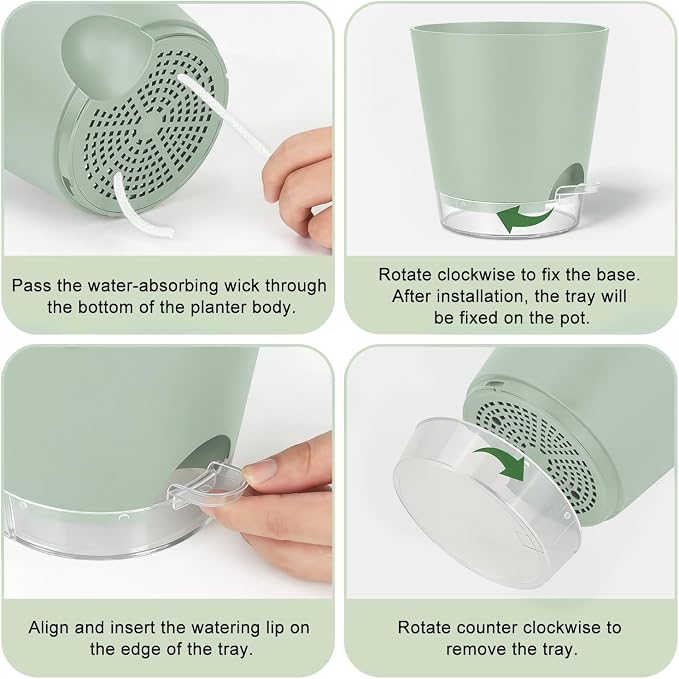 QRRICA 5/5.5/6/6.5/7/8 inch Self Watering Pot Set, Visible Water Level Planter with Transparent Reservoir & Drainage Holes, Plastic Flower Pots with Cotton Rope for Indoor/Outdoor Use (Green)