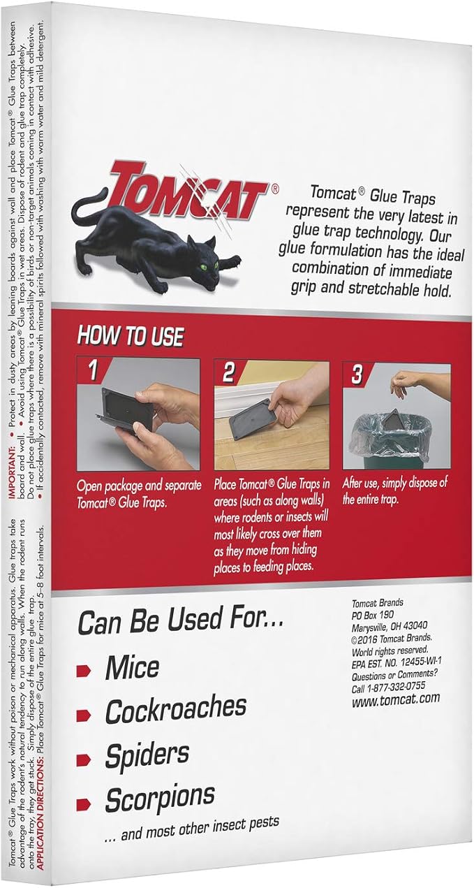 Tomcat Glue Traps Mouse Size with Eugenol for Enhanced Stickiness, 16 Traps | Sticky Pads For Mice, Cockroaches, and Spiders, 4 Packages with 4 Glue Traps Each