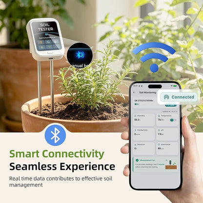 6-in-1 Soil Test Kit, pH/Humidity/Moisture/Temperature/Conductivity/Illuminance Soil Meter for Indoor & Outdoor, Soil Tester with Bluetooth Connectivity, Garden Tools for Plant Lover
