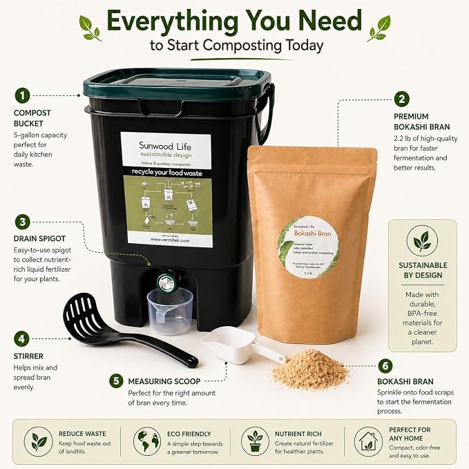 Bokashi Composting Kit, 5-Gallon Indoor Kitchen Composter - Gray, with 2.2 lb Premium Bokashi Bran, Odor-Reducing Food Waste Recycling System, US Patented (Black)