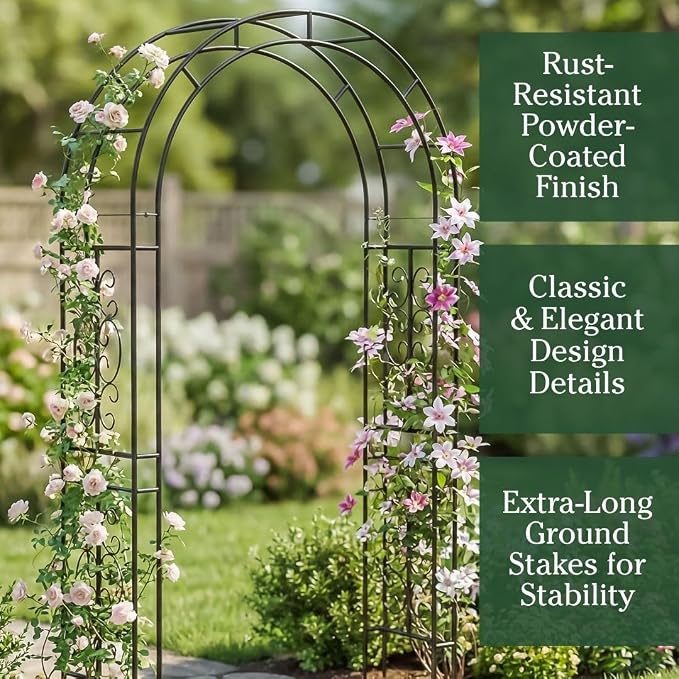 Plow & Hearth Arch Metal Outdoor Garden Arbor 7 Feet Tall Black Iron Trellis for Climbing Plants Outdoor, Wedding Party Arch, Outdoor Patio Decor