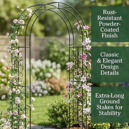 Plow & Hearth Arch Metal Outdoor Garden Arbor 7 Feet Tall Black Iron Trellis for Climbing Plants Outdoor, Wedding Party Arch, Outdoor Patio Decor