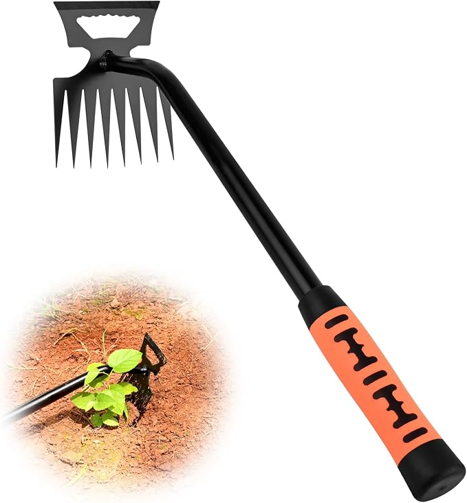 BokingOne Portable Weed Removal Tool - 8-Prong Manganese Steel with Black Baked Rust-Proof Coating for Garden Lawn Farm, Non-Slip Rubber Handle