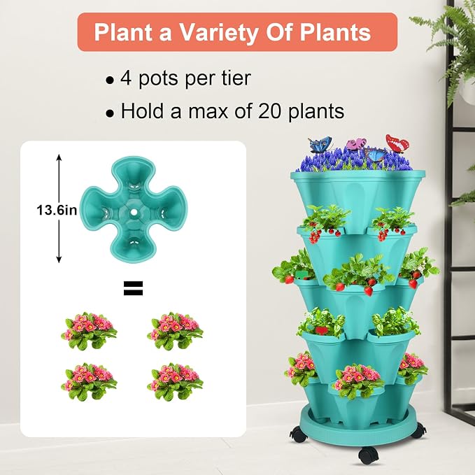 GameXcel Vertical Planter, 5 Tier Stackable Strawberry Planter with Garden Tool Set, Movable Indoor/Outdoor Garden Herb Pot for Growing Vegetables and Succulents, Teal
