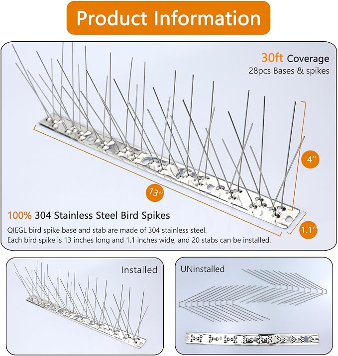 QIEGL Bird Spikes 304 Stainless Steel for Coverage 30Ft 28pcs Pigeons Bird Spike Small Birds Sparrow Metal Fence Spikes (28 Pack Uninstalled)
