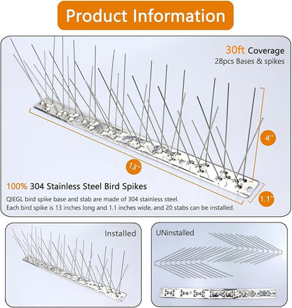 QIEGL Bird Spikes 304 Stainless Steel for Coverage 30Ft 28pcs Pigeons Bird Spike Small Birds Sparrow Metal Fence Spikes (28 Pack Uninstalled)