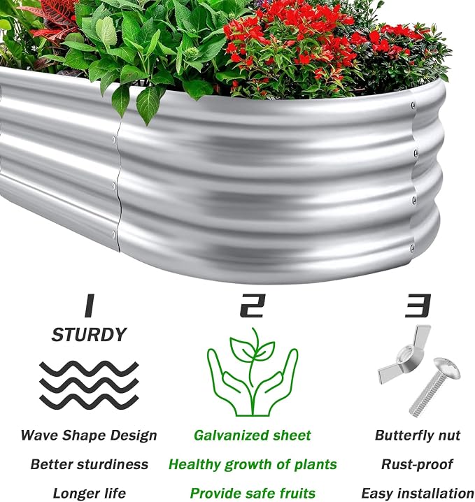 RAYKEEP Galvanized Raised Garden Beds, Outdoor Raised Garden Boxes, Oval Large Bottomless Metal Elevated Garden Bed Planter Box for Vegetables, Fruits, Flower (7x2x1(ft))