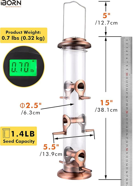 iBorn Metal Bird Feeders Brushed Copper Wild Bird Feeder for Outdoors Hanging All Metal Brushed Copper Finishing 15 Inch 6 Port,Pack of 2