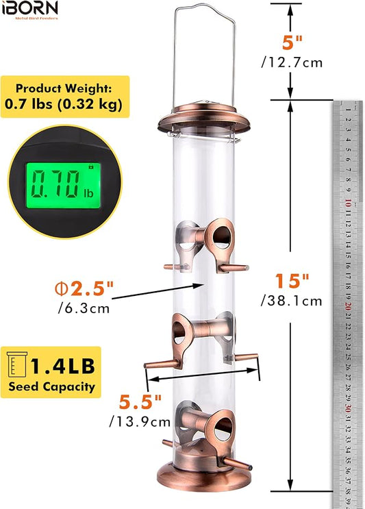 iBorn Metal Bird Feeders Brushed Copper Wild Bird Feeder for Outdoors Hanging All Metal Brushed Copper Finishing 15 Inch 6 Port(Seed is not Included)