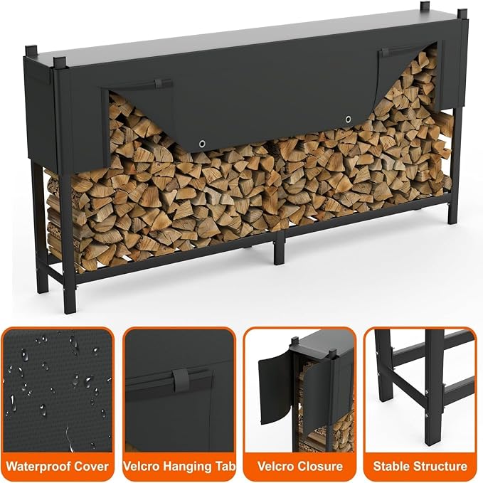WALMANN Heavy-Duty 6 ft Firewood Rack with Waterproof Cover & Firewood Carry Bag, Outdoor Indoor Wood Log Holder for Fireplace, Patio & Porch, Sturdy Steel Fire Wood Storage Stand