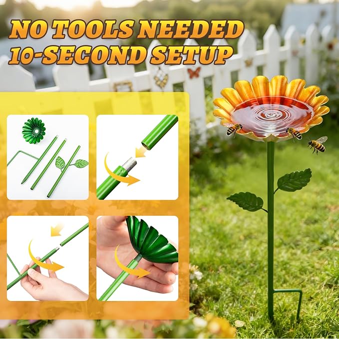 Mellbree Bee Watering Station, 4-Pack Metal Flower Bee Bath for Garden – Attract Butterflies & Pollinators – Colorful Outdoor Garden Stakes for Yard, Patio, Butterfly Garden – Gardening Essentials