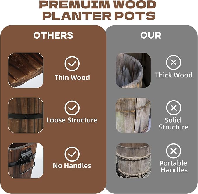 3 Pcs Wooden Whiskey Barrel Planters, Wooden Flower Planters Pots Boxes with Metal Handles 3 Sizes Planting Wood Buckets Tree Pot for Indoor Outdoor Garden Home Plants